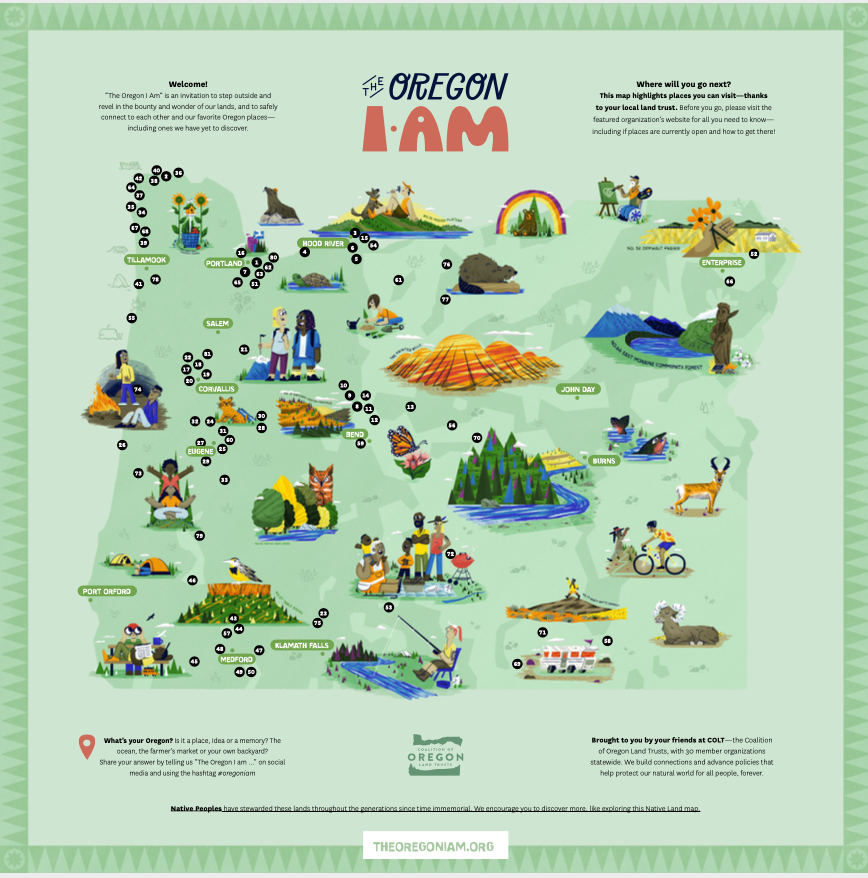 Image of map of Oregon in pale green background with series of smaller illustrations indicating other locations throughout the map. LIght green background.